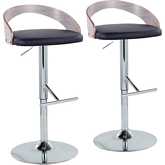Grotto Adjustable Height Swivel Bar Stool in Chrome, Light Grey Wood & Black Leatherette (Set of 2)